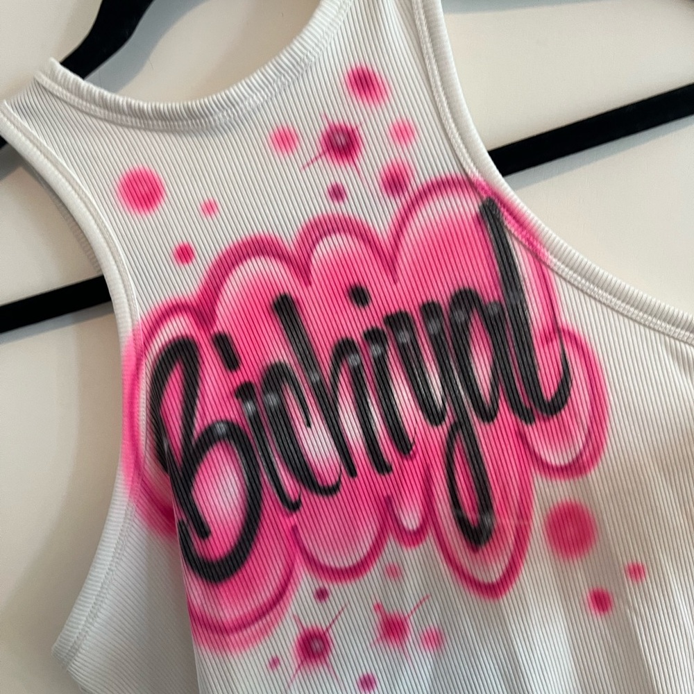White Ribbed Tank with Pink Graffiti 'Bichiyad'